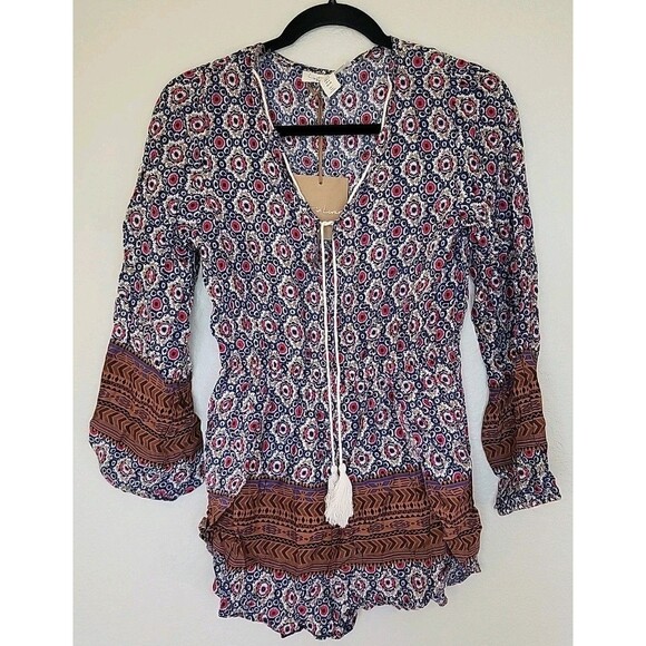 Lost In Lunar Sangria Romper Sz 4 100% Cotton Floral Long Sleeve Bohemian Casual - Picture 1 of 11